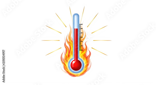 Thermometer in flames indicating extreme heat with radiating lines