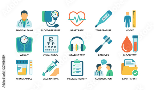 Medical exam icons showing tests and records on white background