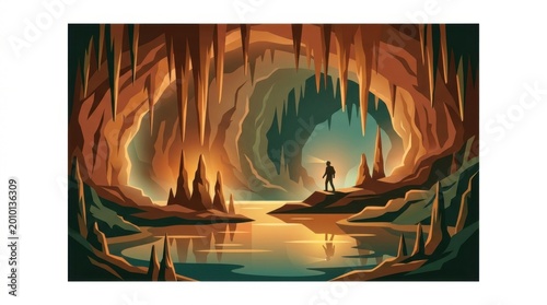 Explorer in Illuminated Cave with Stalactites and Lake