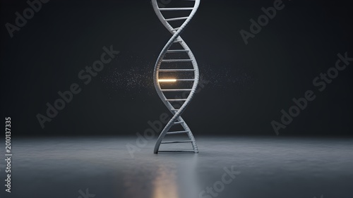 Single dna double helix model with highlighted base edit suggesting crispr gene edit concept and precision genetic modification.
