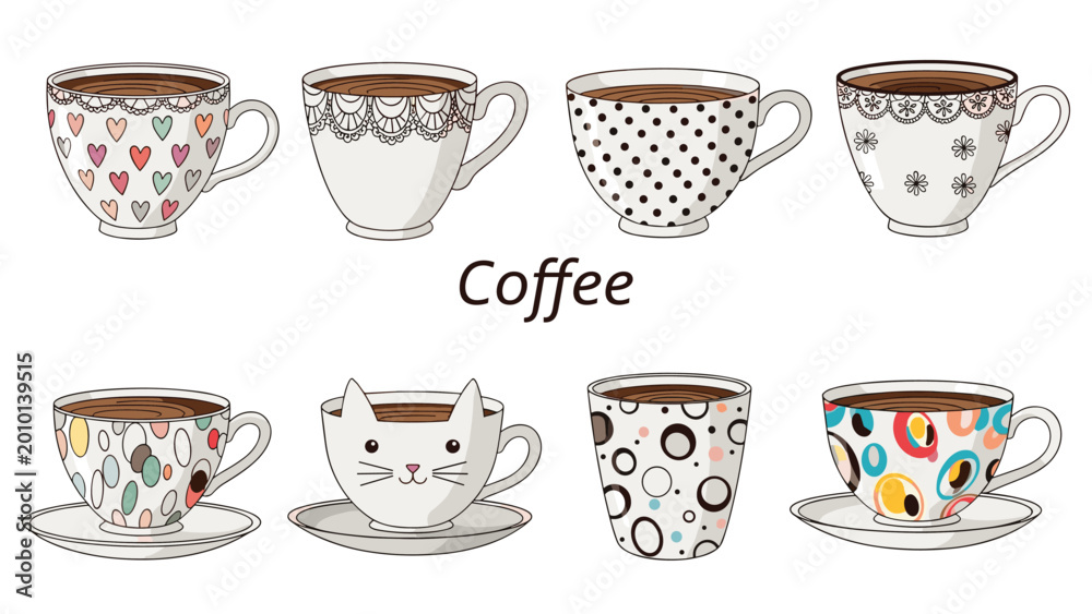 Fototapeta premium Charming collection of eight diverse coffee cups and saucers, each adorned with unique patterns including polka dots, hearts, and adorable cat faces.