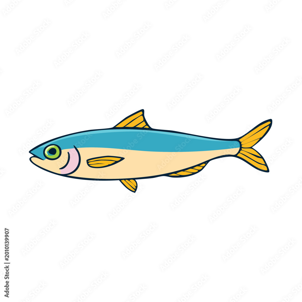 Fototapeta premium Illustration of a single small fish with blue and yellow coloring swimming