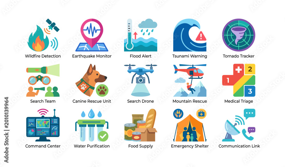 Fototapeta premium Disaster response icons for hazards and rescue on white background
