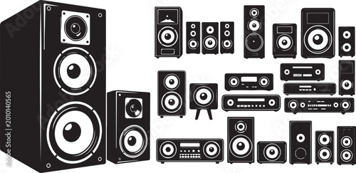 Modern audio speaker and sound system silhouette icons