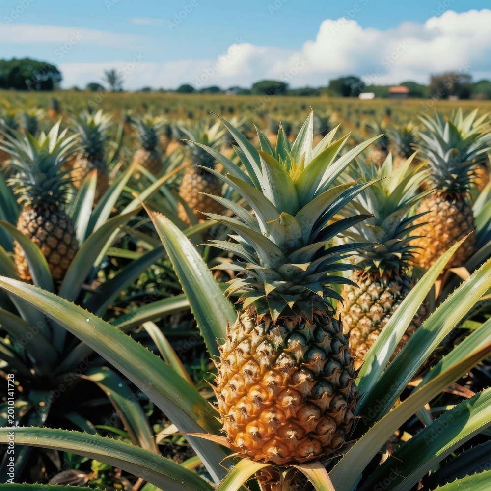 Obraz premium Pineapple field with ripe fruits. Green leaves and yellow pineapples grow on farm under blue sunny sky. Agriculture background. Healthy food plants.