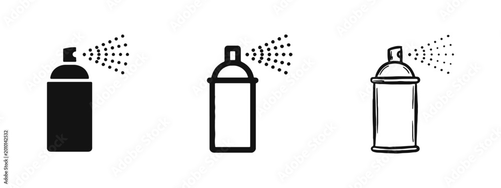 Fototapeta premium Spray Can Icons in Three Styles Including Sketch, Bold Outline and Solid Glyph