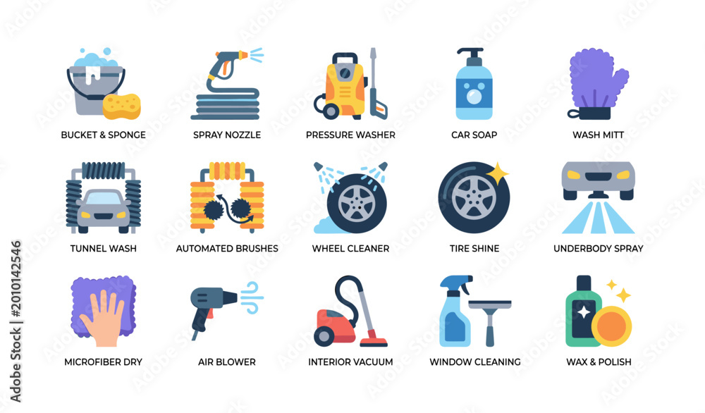 Obraz premium Car wash and detailing tool icons displayed on white grid