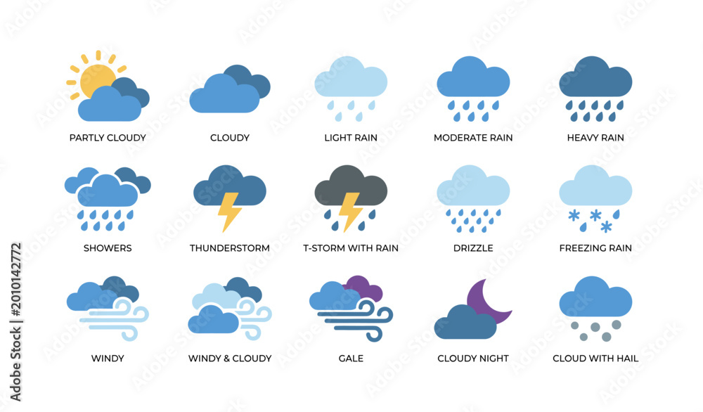 Obraz premium Weather condition icons depicting clouds and precipitation on white