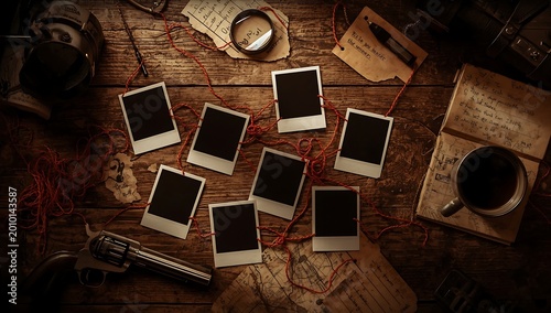Vintage Detective Desk with Instant Photos and Old Map.
