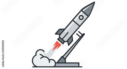 Obraz na plátně Cartoon rocket launching from a launchpad with orange and white flames
