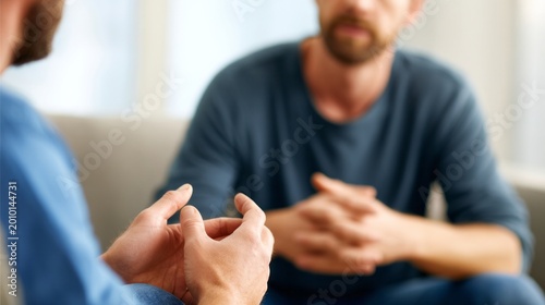 Naklejka People sharing communication, ideas during a discussion or a therapy session. Focus on hands explaining
