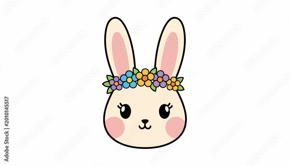 Fototapeta premium Cute bunny face, floral crown, pastel colors, Easter icon, vector illustration, kids design, spring decoration