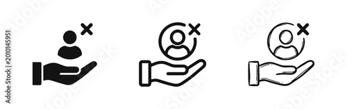 Obraz na plátne Delete User Icon Set with Hand Holding Person and Cross Symbol in Three Styles