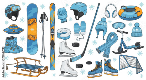 Canvas Print Winter sports equipment, ice hockey gear, skiing accessories, snowboarding tools