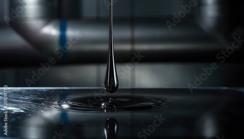 Oil Drop Falling with Dark Industrial Tone Reflecting Surface