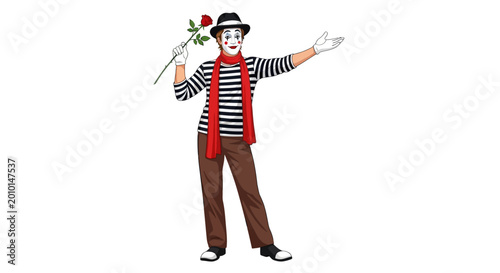 Foto Mime artist, cartoon character, black and white striped shirt, red vest, brown p