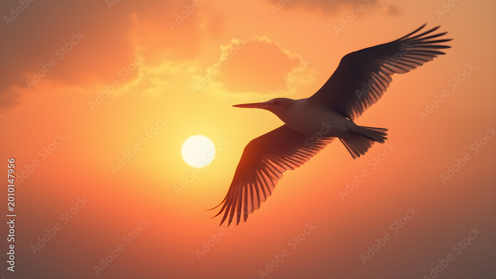 Fototapeta premium Bird silhouette in flight. Pastel sunset background. Ultra-realistic nature art. Beautiful wildlife photography.