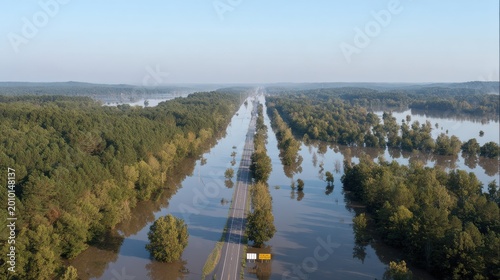 Flooded Highway Surrounded By Forested Landscape. Natural Disaster Impacts Transportation And Environment