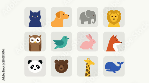 Photography Colorful icons of various wild animals.