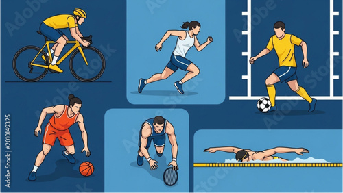Tableau sur toile Various athletes compete in different sports with 2D CAD illustrations