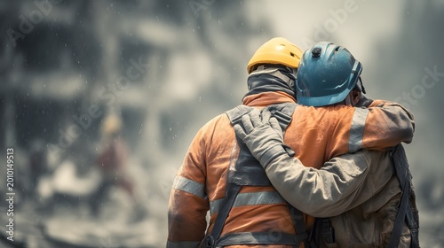 Rescue Workers Embrace Disaster Scene Support Solidarity