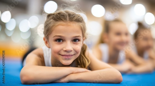 Young girl smiling, lying on a blue gym mat in an indoor sports facility, showing childhood happiness and active lifestyle