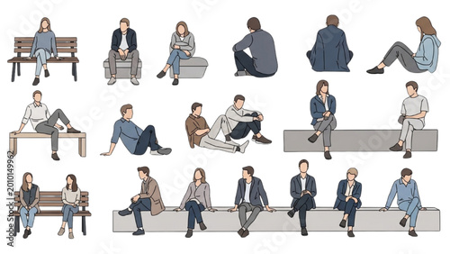 Slika na platnu People sitting on benches and ledges in various 2D CAD designed poses and outfits