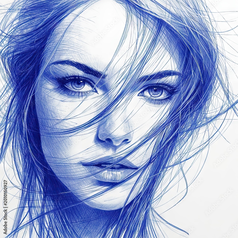 Fototapeta premium Elegant female portrait drawn with expressive blue pen lines, featuring flowing hair and intense eyes in a minimalist sketch style on a light background
