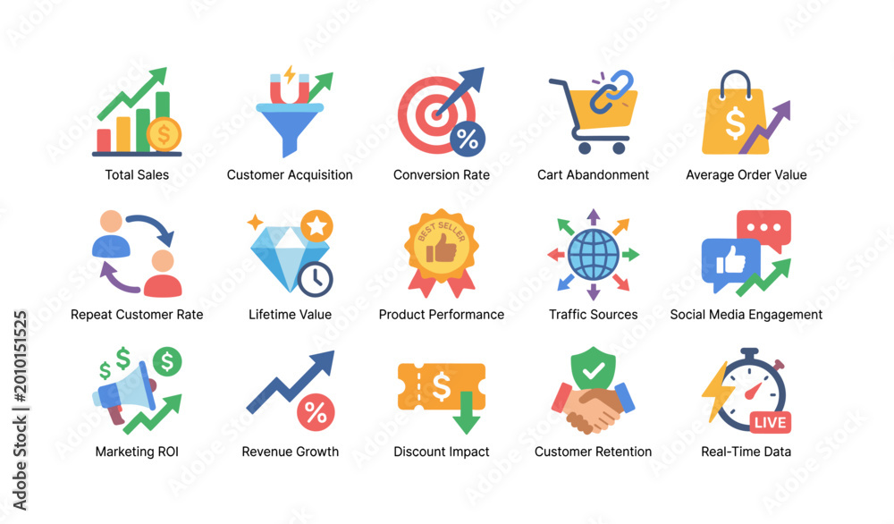 Fototapeta premium Ecommerce analytics icons showing sales metrics on white background