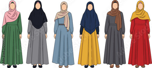 Fotografie Flat vector illustration of a diverse group of women wearing traditional modest dresses and hijabs in various colors including green grey blue and red isolated on white background