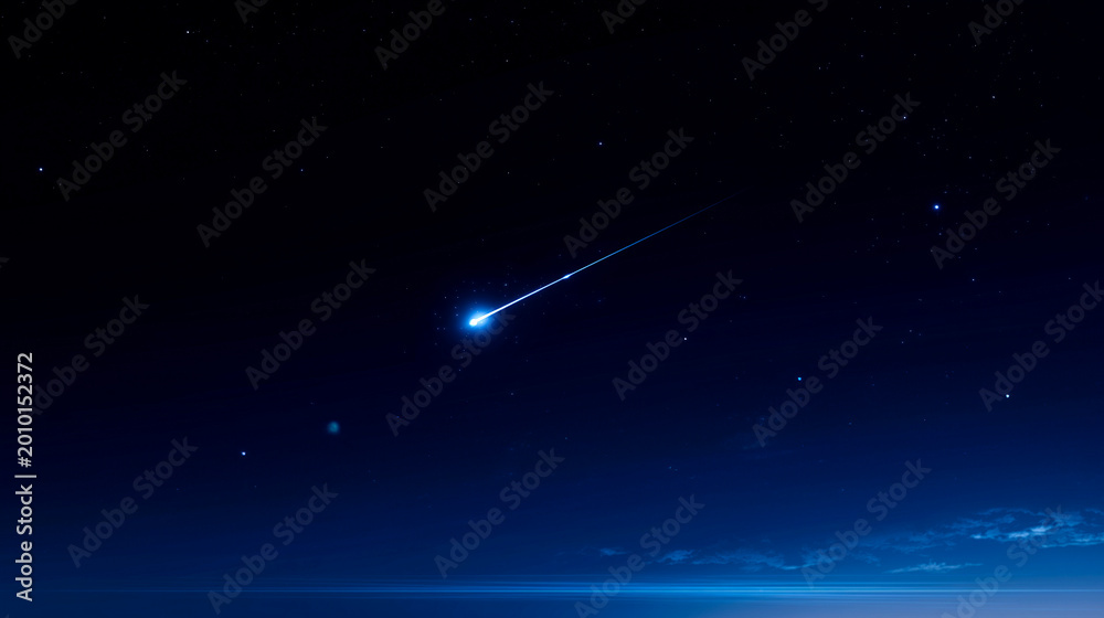 Obraz premium 深い夜空を切り裂く、鋭い光跡と輝く一点の流星