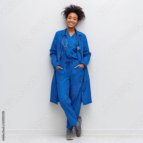 Young Female Healthcare Professional Wearing Blue Medical Uniform Standing Against White Background