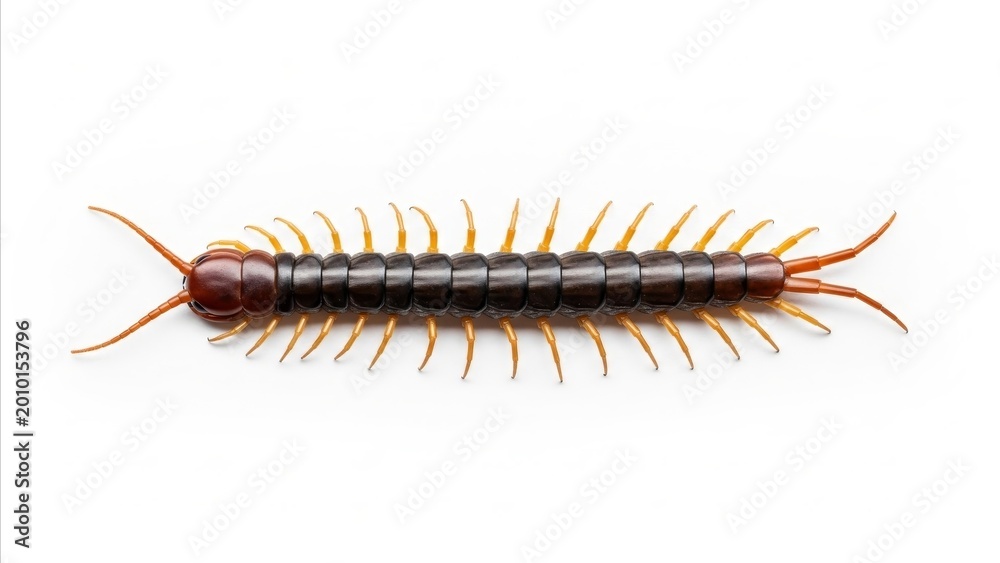 Fototapeta premium Animal - Large Dark Brown Centipede with Orange Legs Isolated on White Background Top View Macro