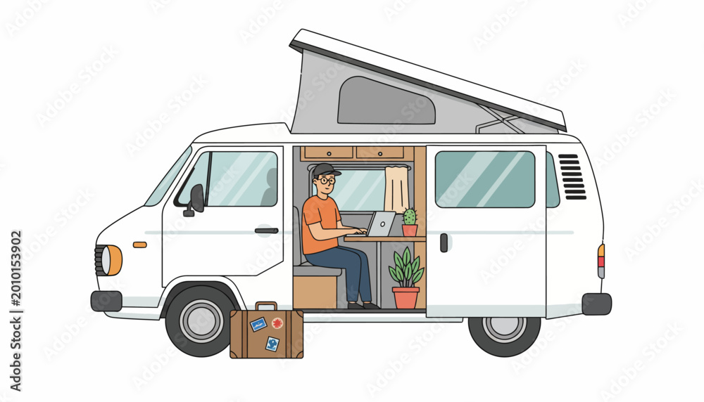 Fototapeta premium Van life, mobile office, remote work, camper van, digital nomad, illustration