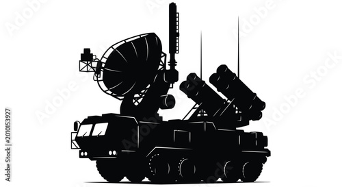 Tableau sur toile Silhouette of a mobile radar system with missile launchers against a white backg