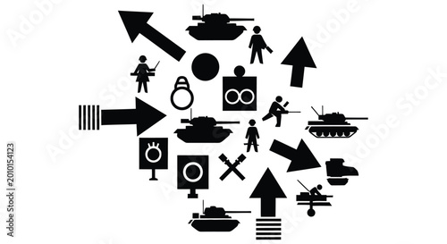 Schilderij op canvas Black and white graphic depicting military symbols arrows and tank silhouettes