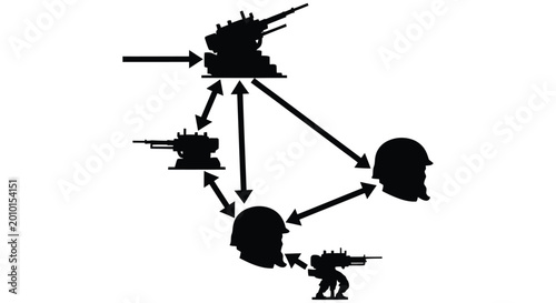 Canvas Print Schematic diagram of military vehicles and weaponry with directional arrows