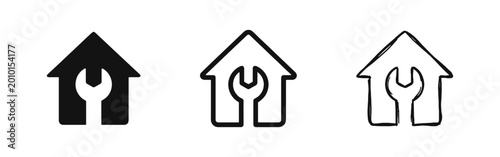 Home repair and maintenance icons showing house with wrench in solid, line, and sketch styles.