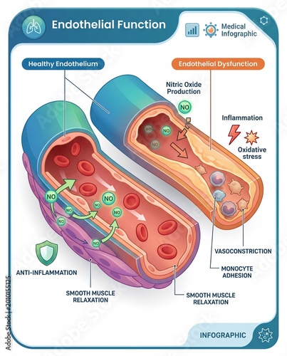 Exploring Endothelial Function and Dysfunction A Detailed Visual Comparison of Healthy Blood Vessels and Vascular Impairment Mechanisms