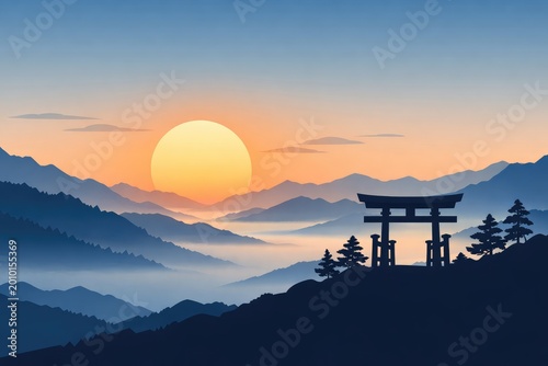 Silhouette of a japanese torii gate and pine trees overlooking misty blue mountain ranges at sunset