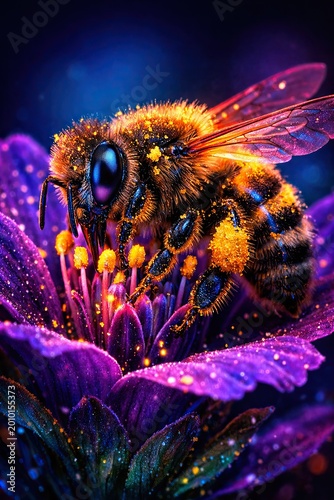 Macro close-up of a glowing bumblebee resting on a vibrant purple flower, illuminated with neon colors and sparkling dewdrops in a dark setting