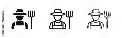 Cuadro en lienzo Farmer with Pitchfork Icon Set in Flat Outline and Sketch Styles