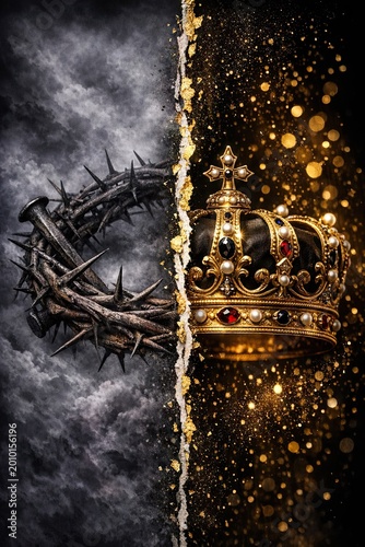 Split composition showing a dark crown of thorns on the left and a golden royal crown with jewels on the right