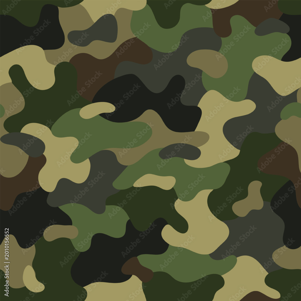 Naklejka premium Seamless khaki green camouflage pattern with overlapping irregular patches of green, beige, brown, black tones. Random composition. For apparel, fabric, textile, sport goods