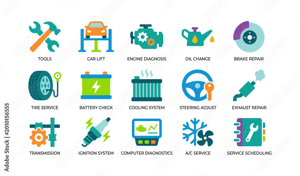 Fototapeta premium Automotive repair icons showing services and parts on white background
