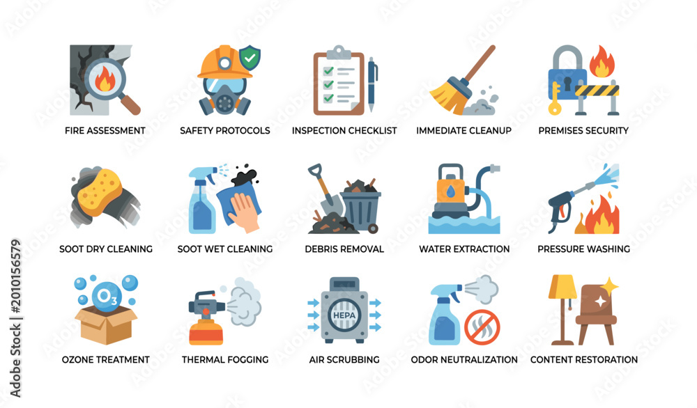 Fototapeta premium Fire damage assessment and cleanup icons arranged on white background