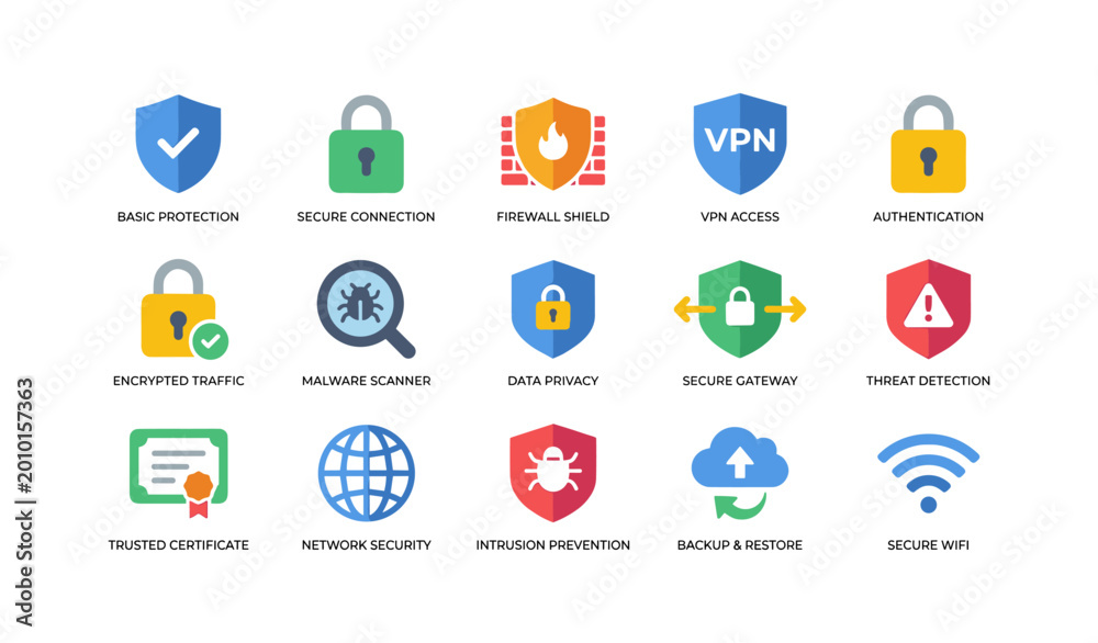 Fototapeta premium Cybersecurity and network protection icons on white background