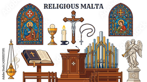 Tableau sur toile Collection of Religious Symbols and Church Elements.