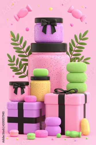Festive composition with gift box and cosmetic jar decorated with black ribbon. Present with candy, sweets, and leaf on pink background. Birthday gift, holiday celebration, surprise concept.