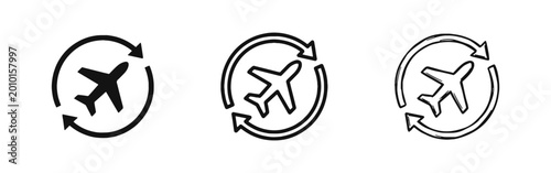 Airplane Flight Travel Round Trip Cycle Icon Set in Solid Outline and Sketch Styles